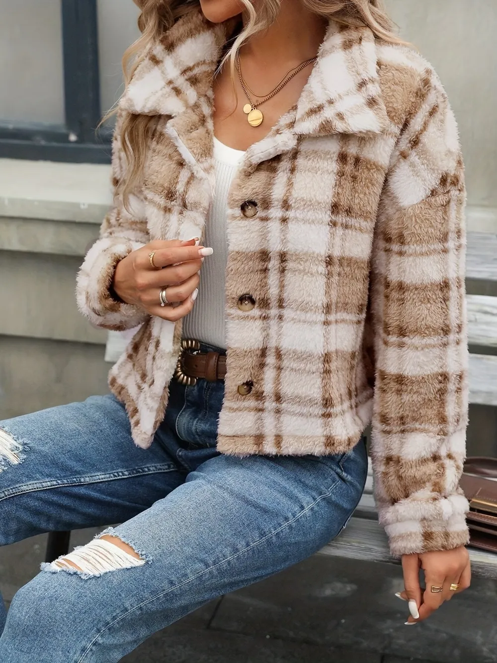 Plaid Button Up Collared Neck Long Sleeve Jacket, image 3