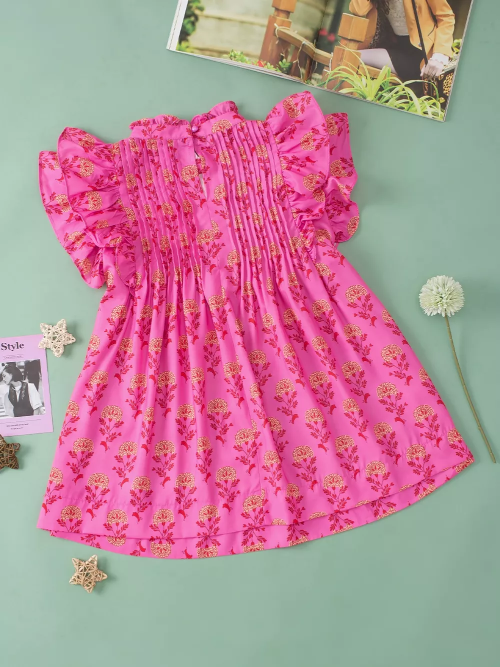 Floral Print Pleated Ruffled Flutter Sleeve Blouse, image 7