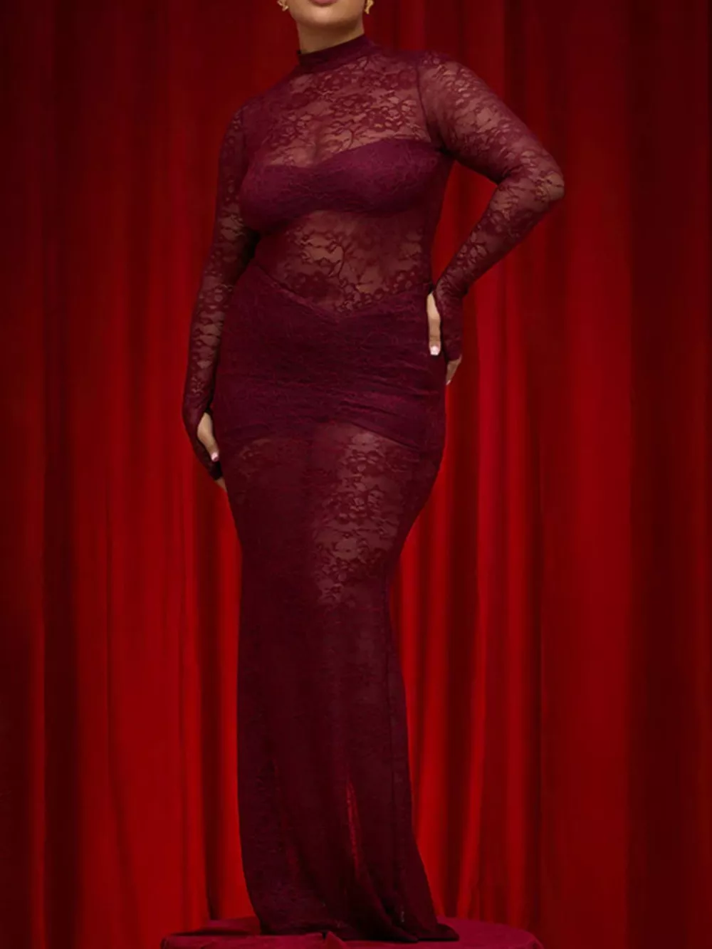 Lace Sheer Mock Neck Long Sleeve Maxi Dress, image 16