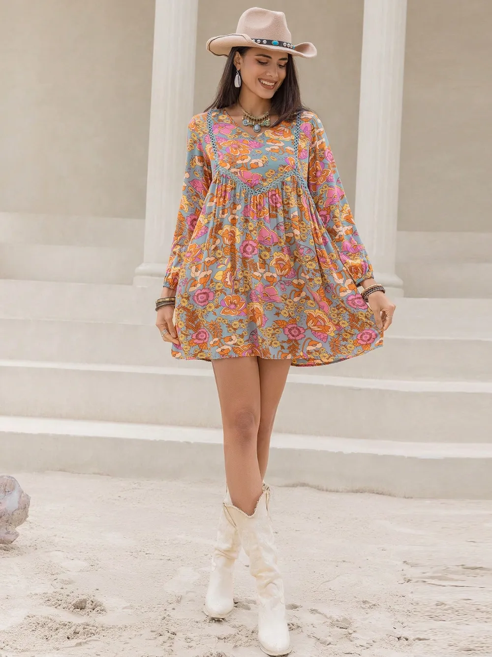 Printed V-Neck Balloon Sleeve Mini Dress, image 2