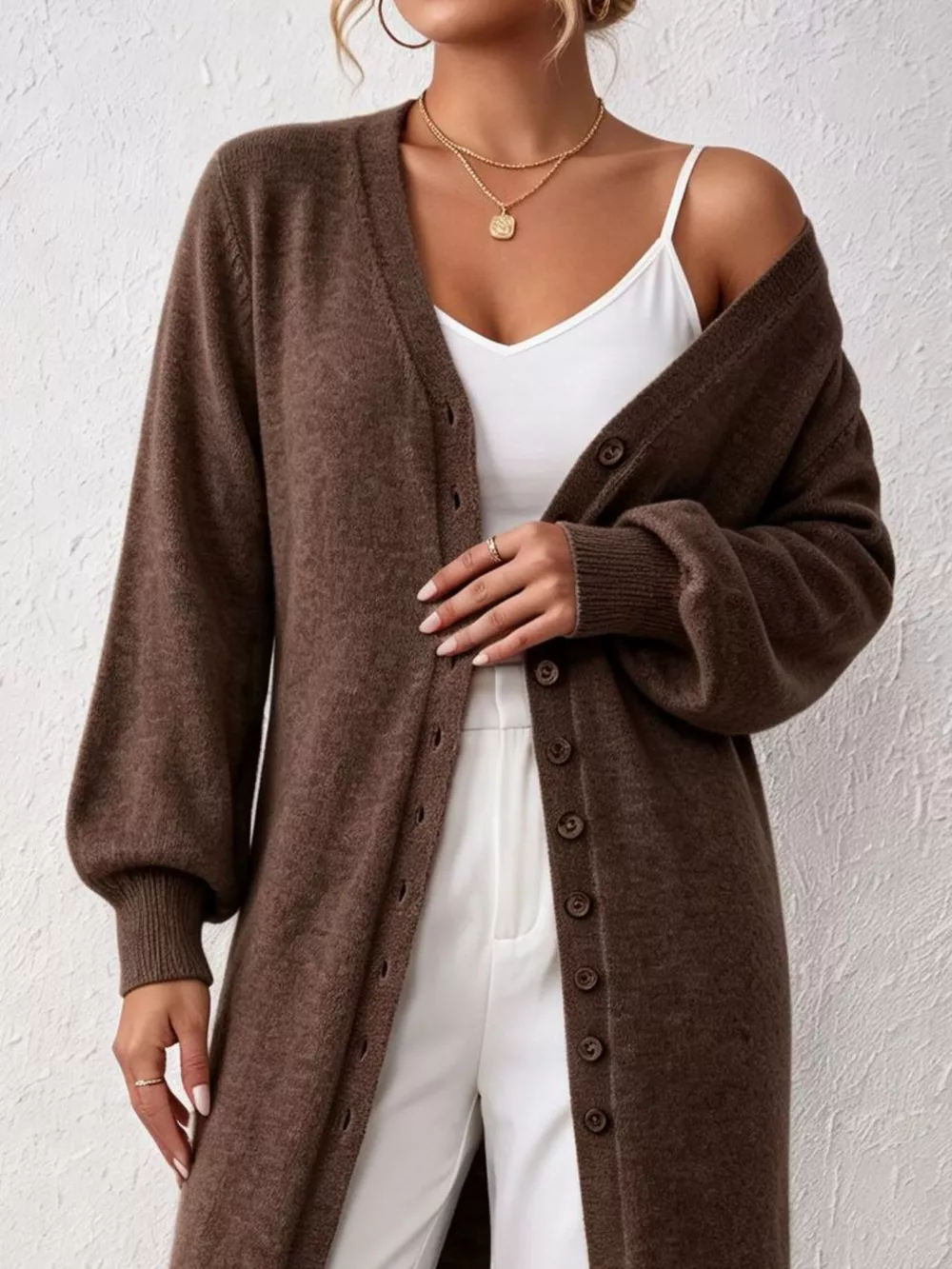 Elegant Longline Button-Front Cardigan with Lantern Sleeves, image 12
