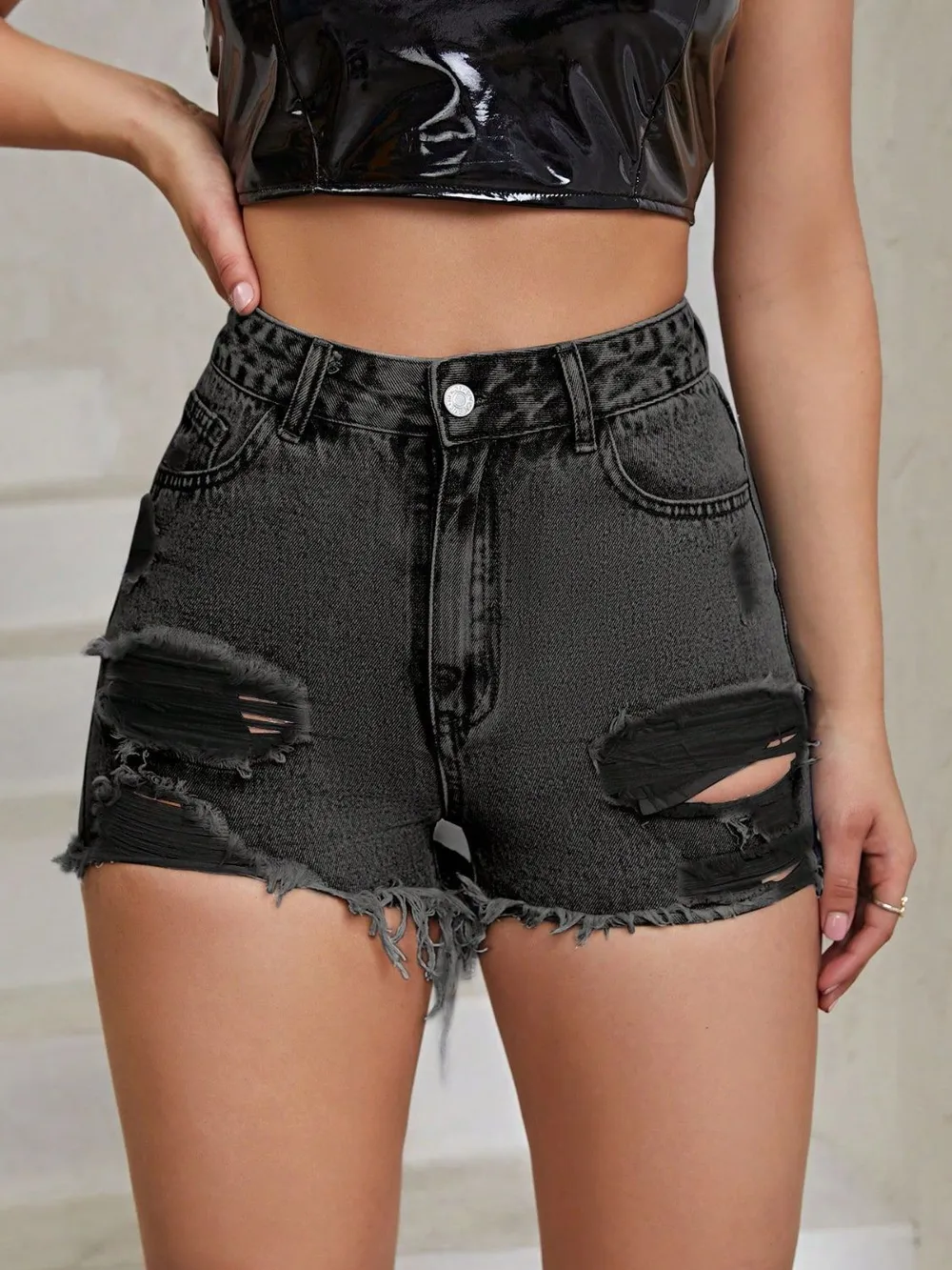 Distressed Raw Hem High Rise Denim Shorts, image 8