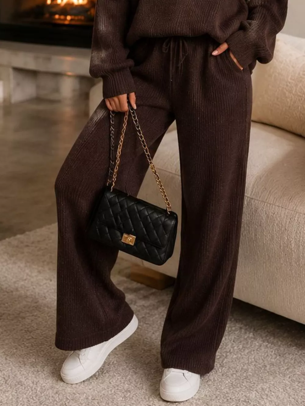 Ribbed Knit Quarter-Zip Top and Wide-Leg Pants Set, image 7