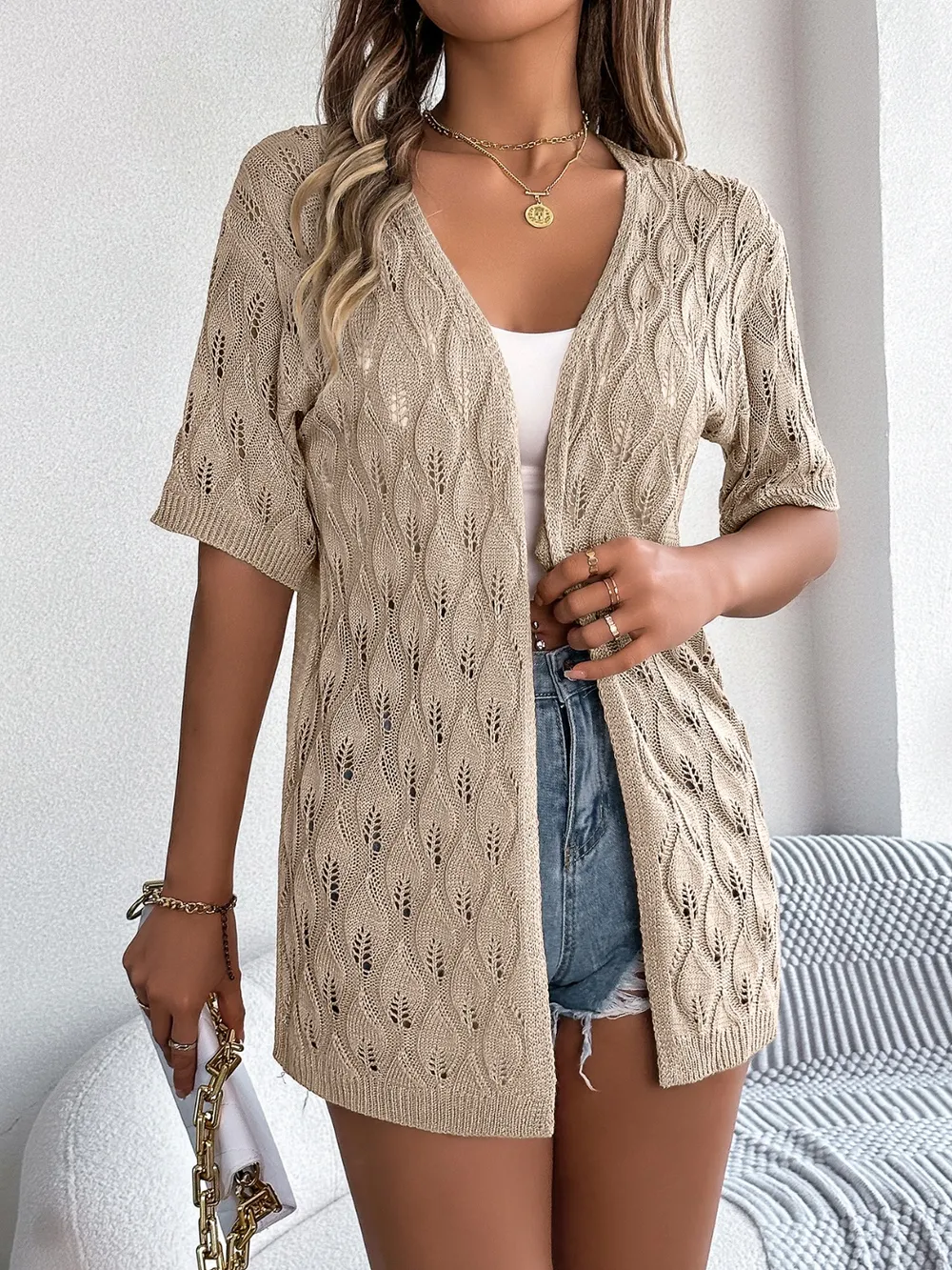 Openwork Open Front Short Sleeve Cardigan, image 6