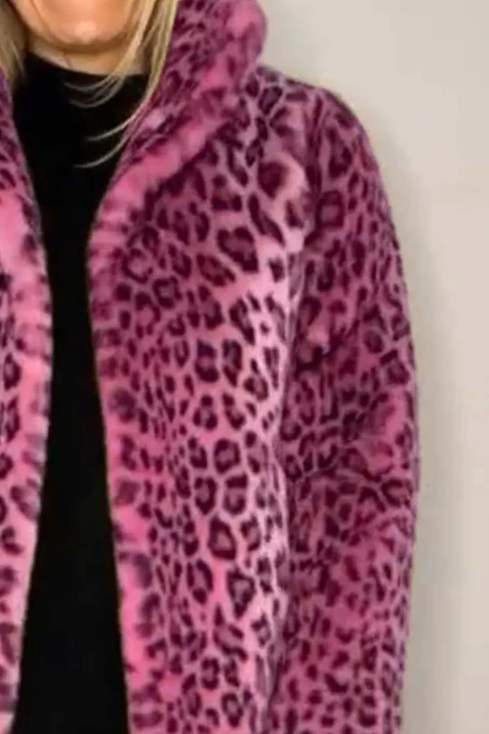 Full Size Leopard Furry Collared Neck Long Sleeve Coat, image 4