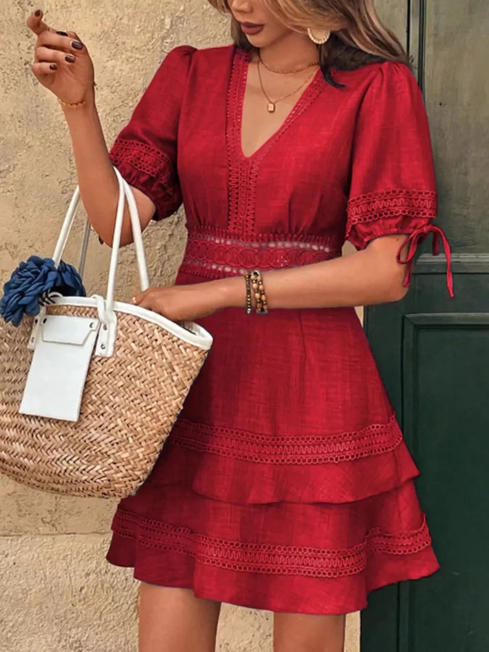 Lace Detail V-Neck Mini Dress, image 15