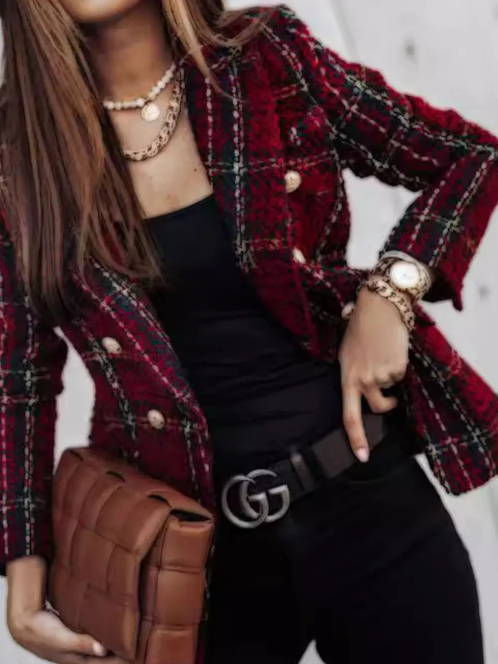 Full Size Plaid Tweed Double-Breasted Blazer Plus Size, image 3