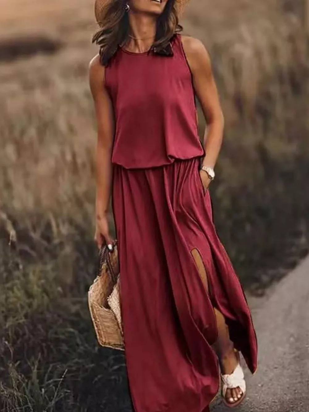 Full Size Round Neck Sleeveless Slit Maxi Dress Plus Size, image 11