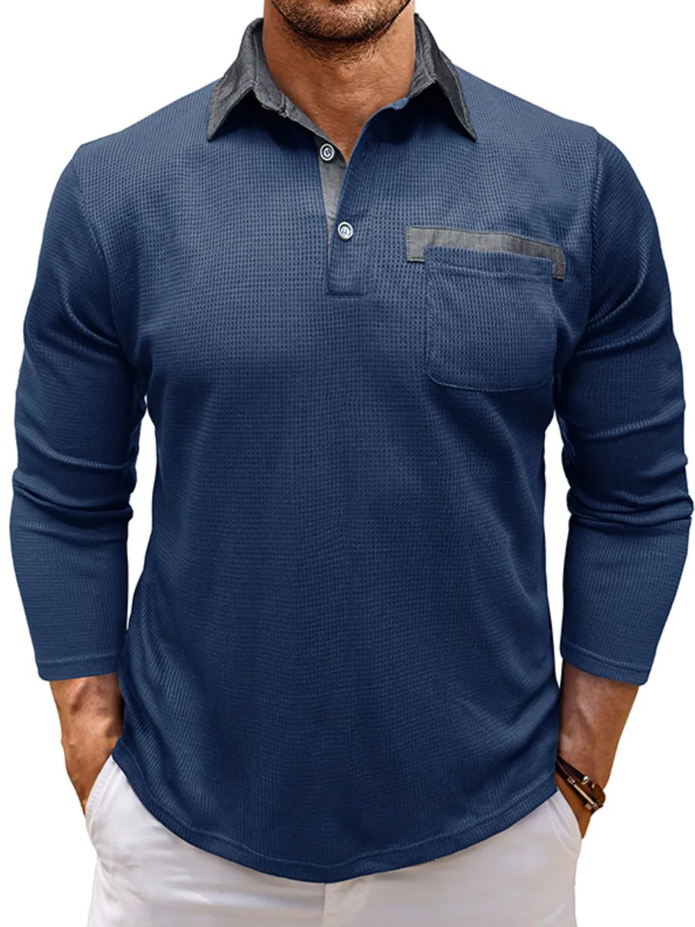 Men's Contrast Collar Long Sleeve Casual Polo Shirt, image 8