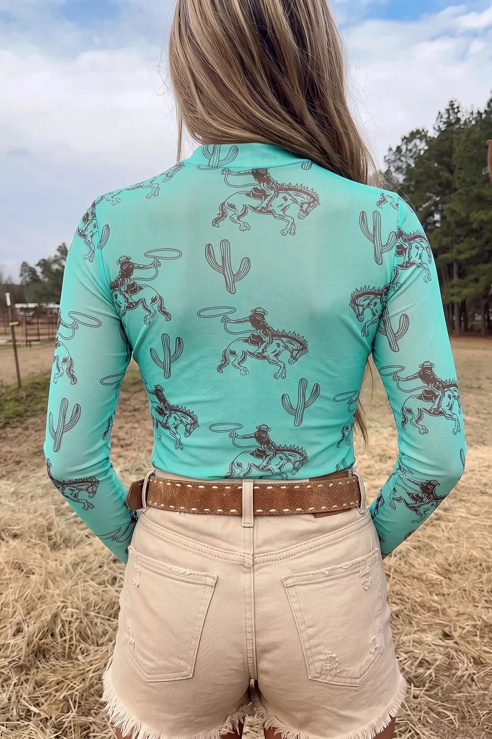Mesh Long Sleeve T-Shirt with Cowboy and Cactus Print, image 2