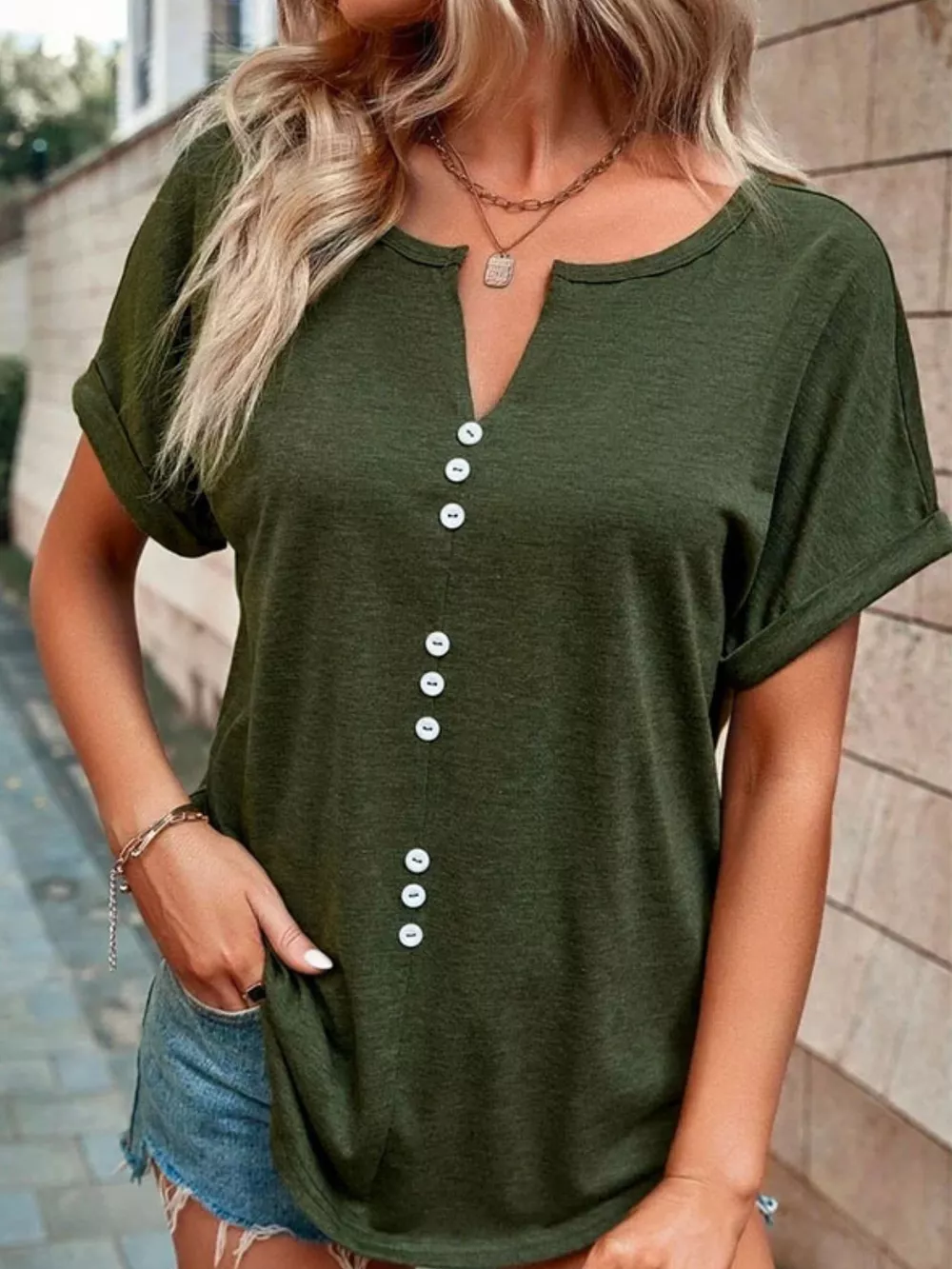 Full Size Decor Button Short Sleeve T-Shirt Plus Size, image 5