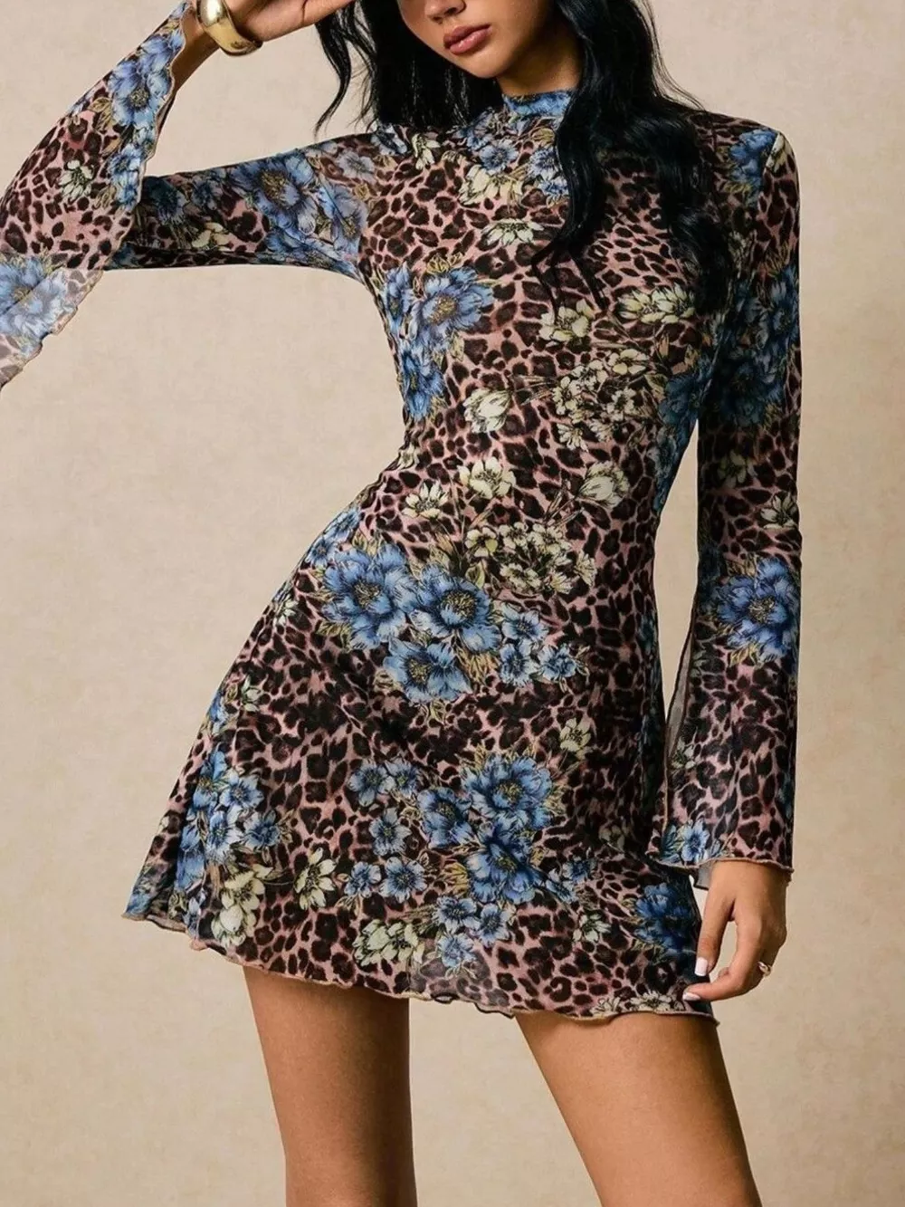 Floral Leopard Print Slit Sleeve Mini Dress, image 3