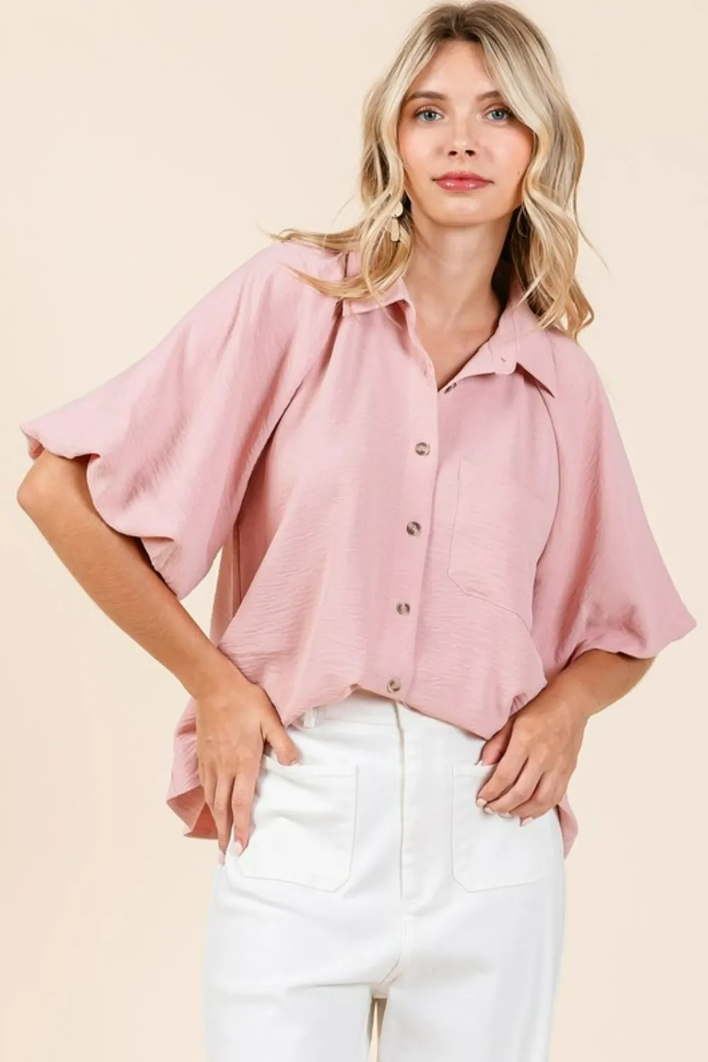 Airflow Short Bubble Sleeve Button Down Shirt, image 3