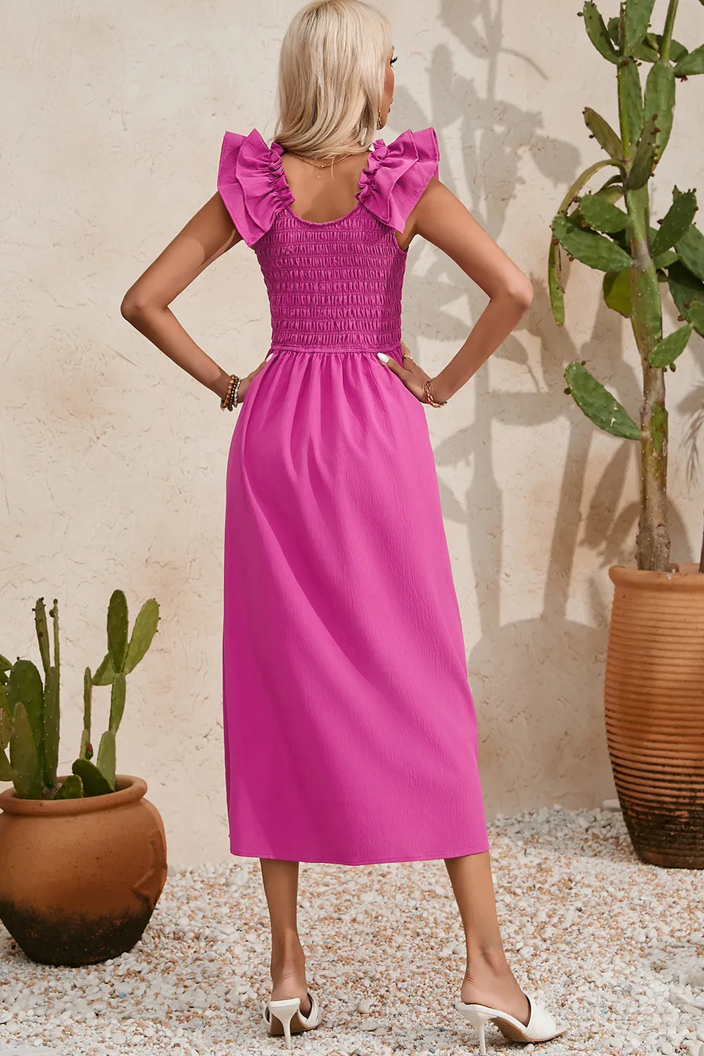 Smocked Ruffled Scoop Neck Midi Dress, image 2
