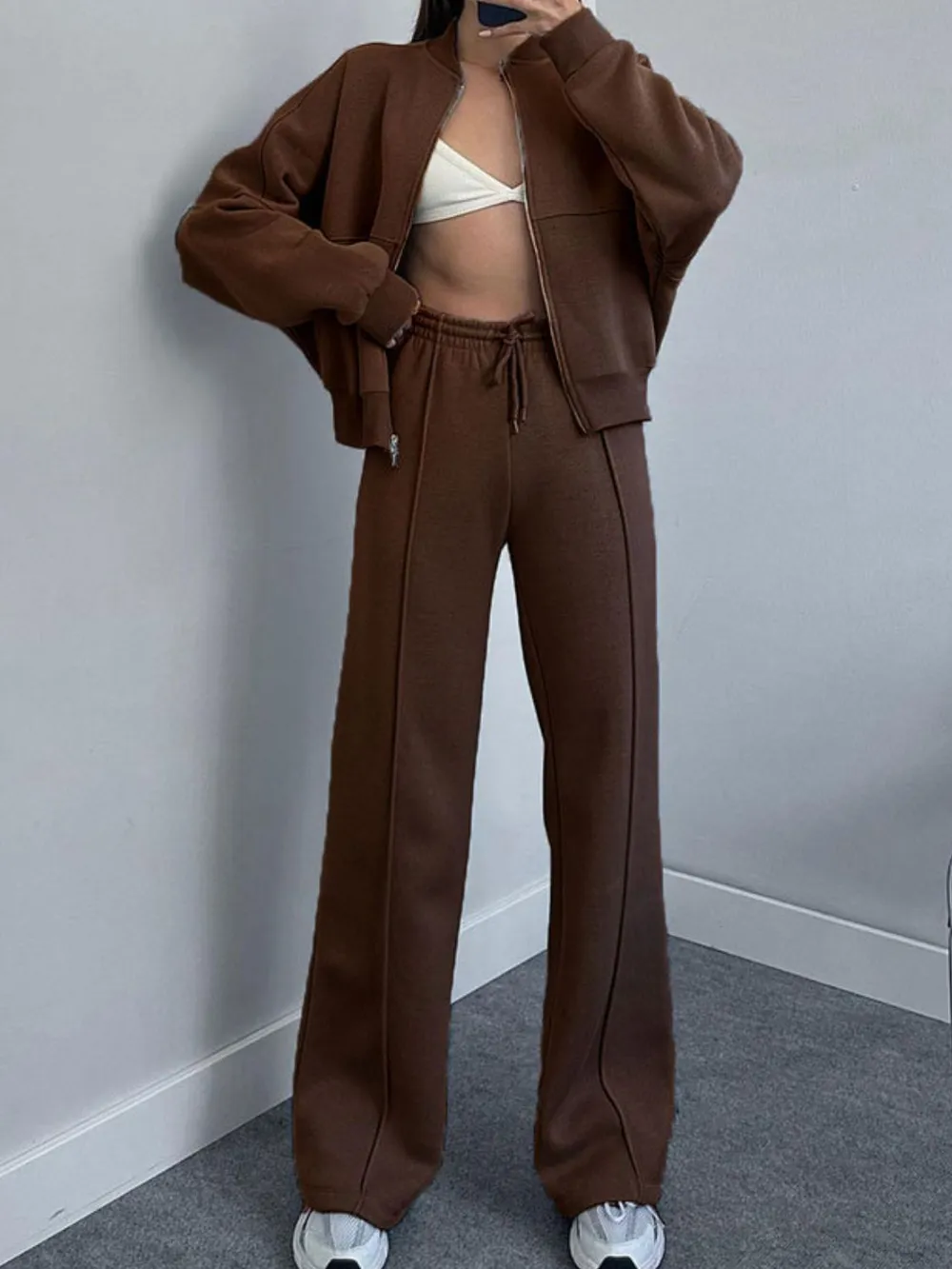 Baseball Collar Zip Up Top and Drawstring Paants Set, image 15