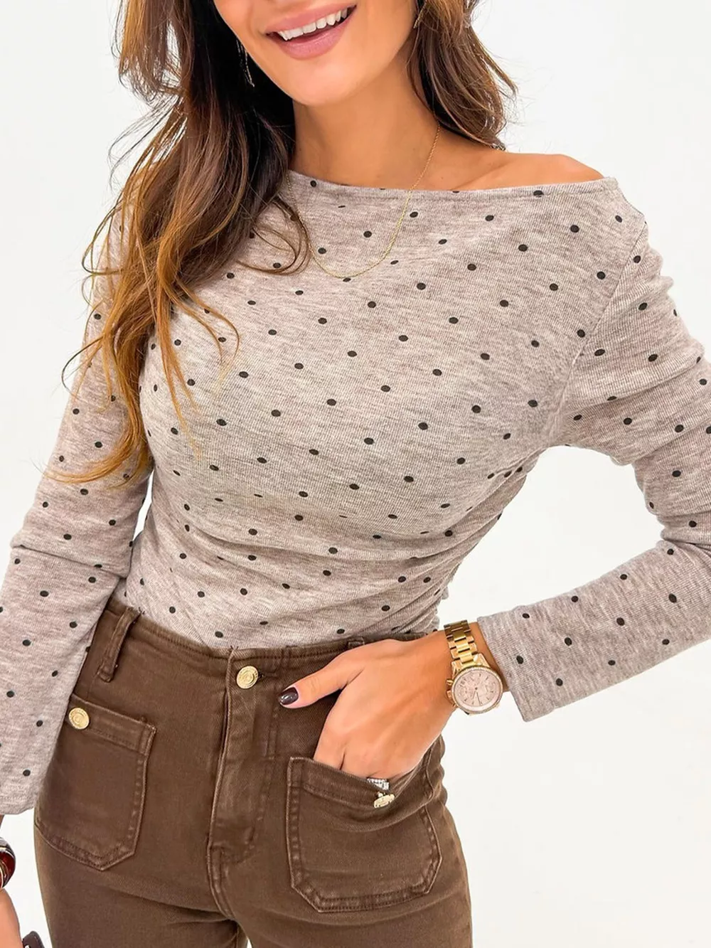 Polka Dot Boat Neck Knit Long Sleeve T Shirt, image 8