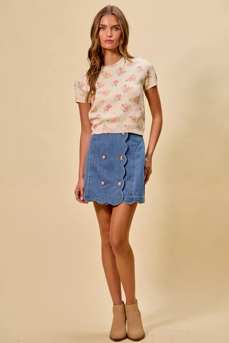 Denim Scalloped Buttoned Front Skirt, image 5