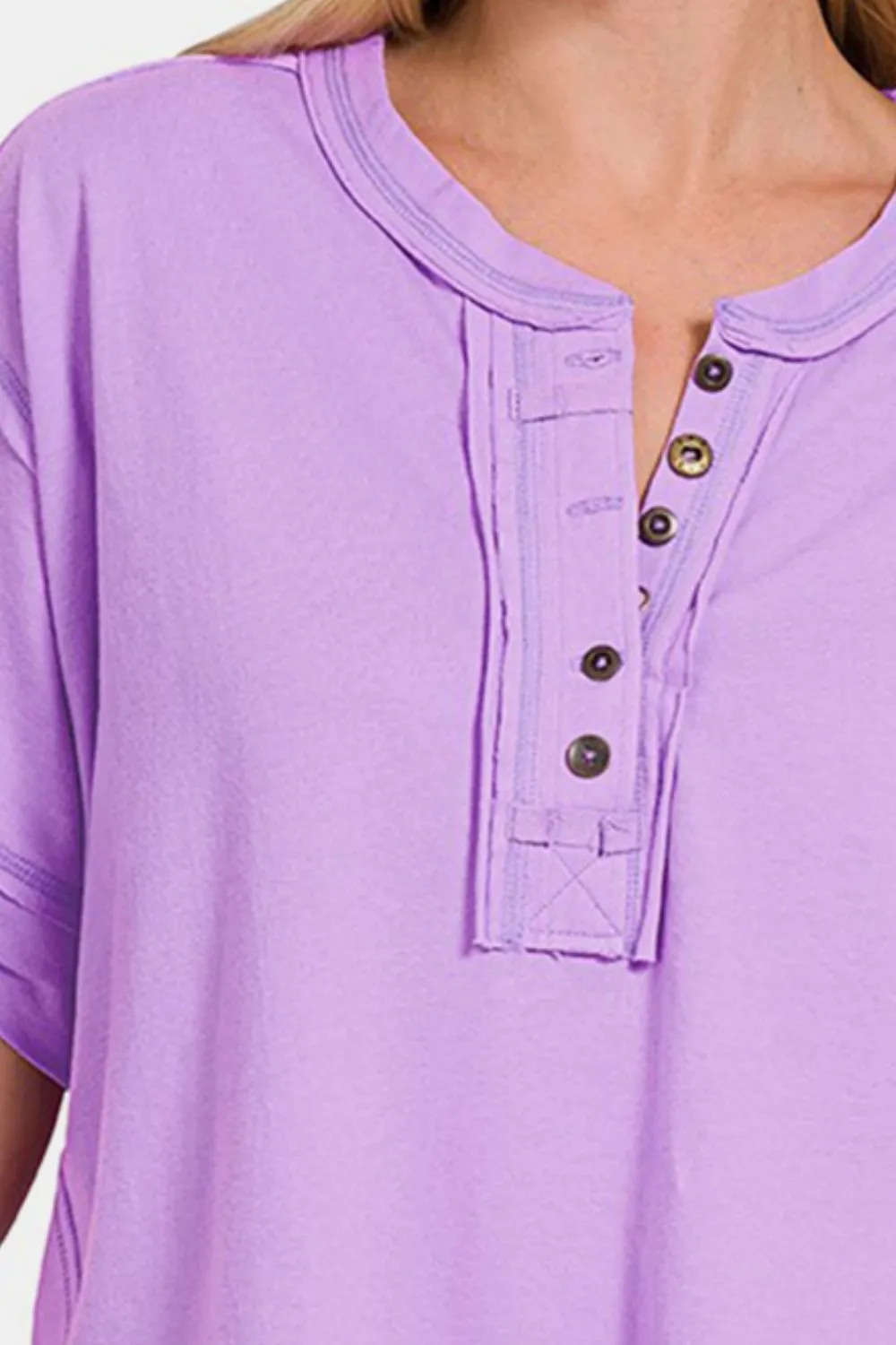 Exposed Seam Half Button Short Sleeve Top, image 3