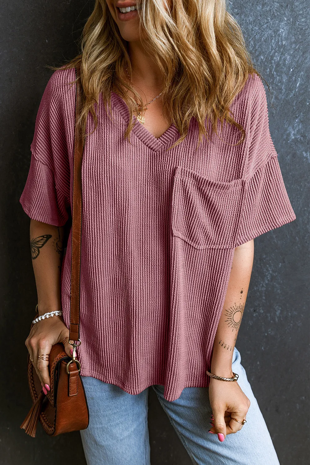 Textured V-Neck Dropped Shoulder T-Shirt, image 11