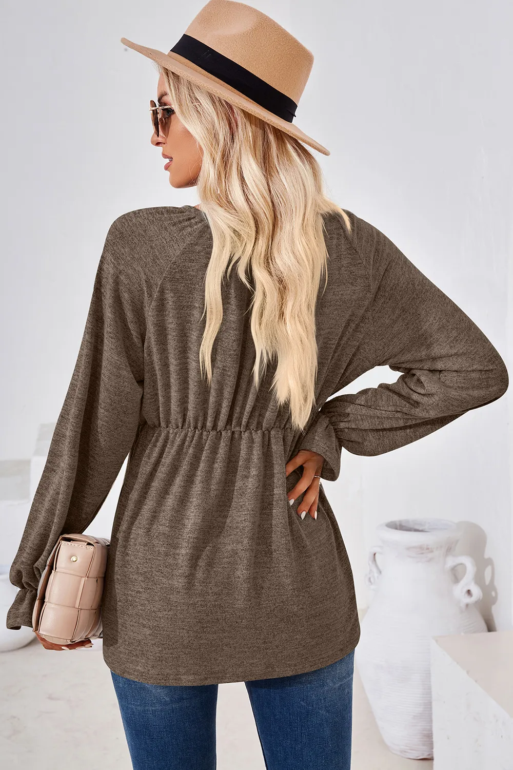 Ruched Round Neck Flounce Sleeve Blouse, image 12