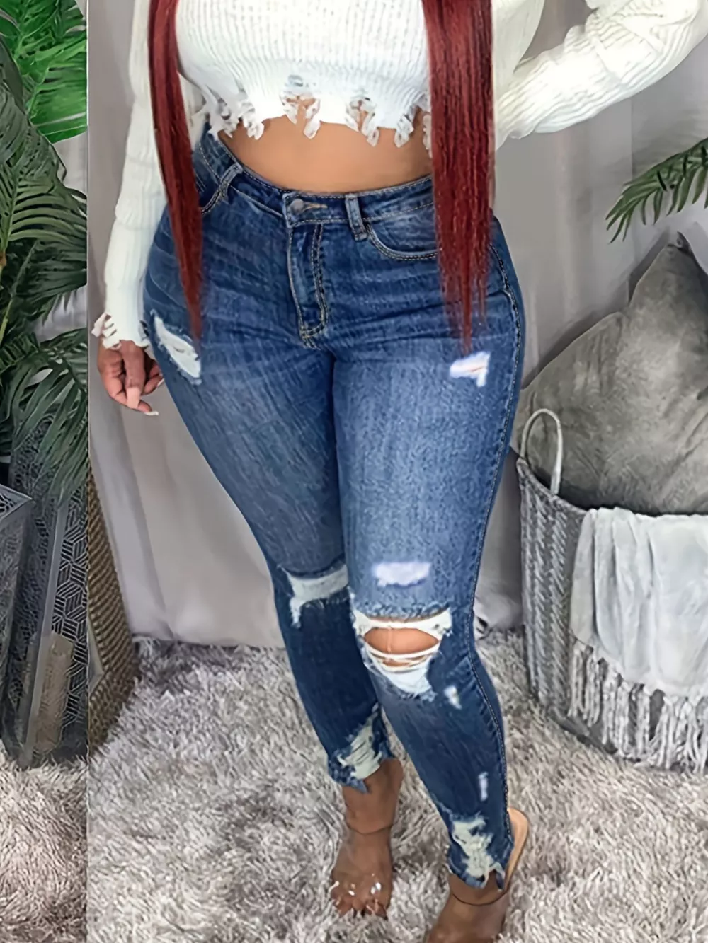 Plus Size Slim Fit Distressed Jeans, image 2