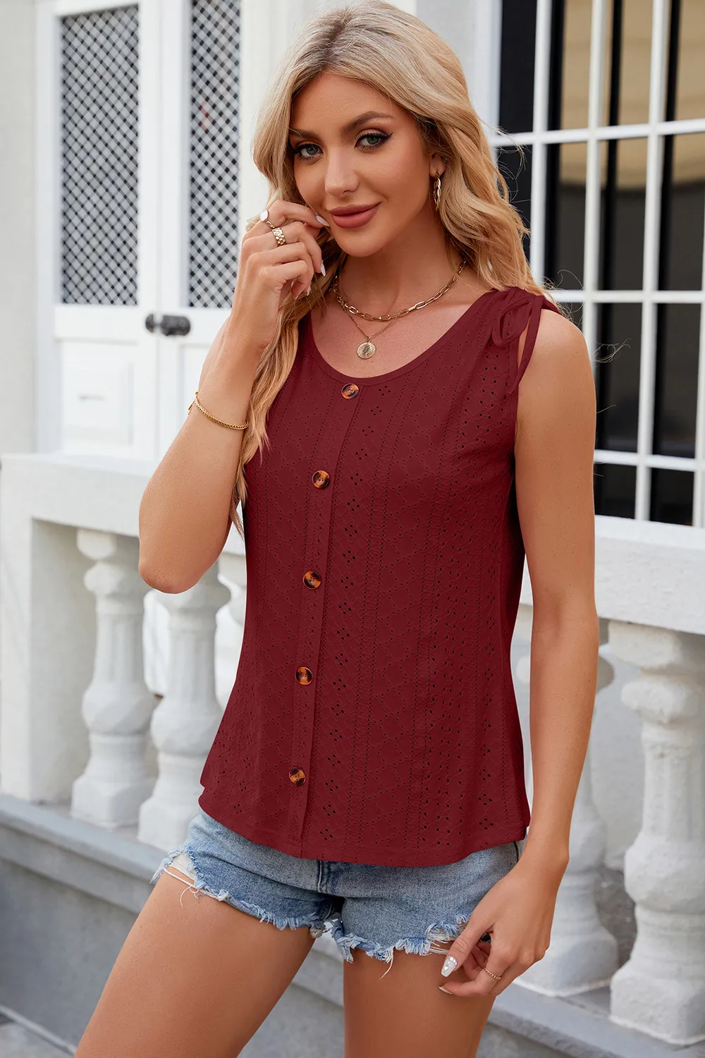 Eyelet Round Neck Wide Strap Tank, image 22