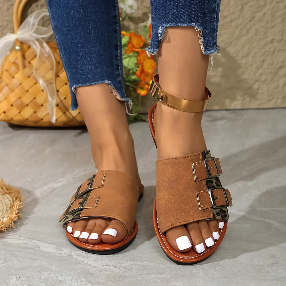 Leopard Open Toe Flat Sandals, image 2