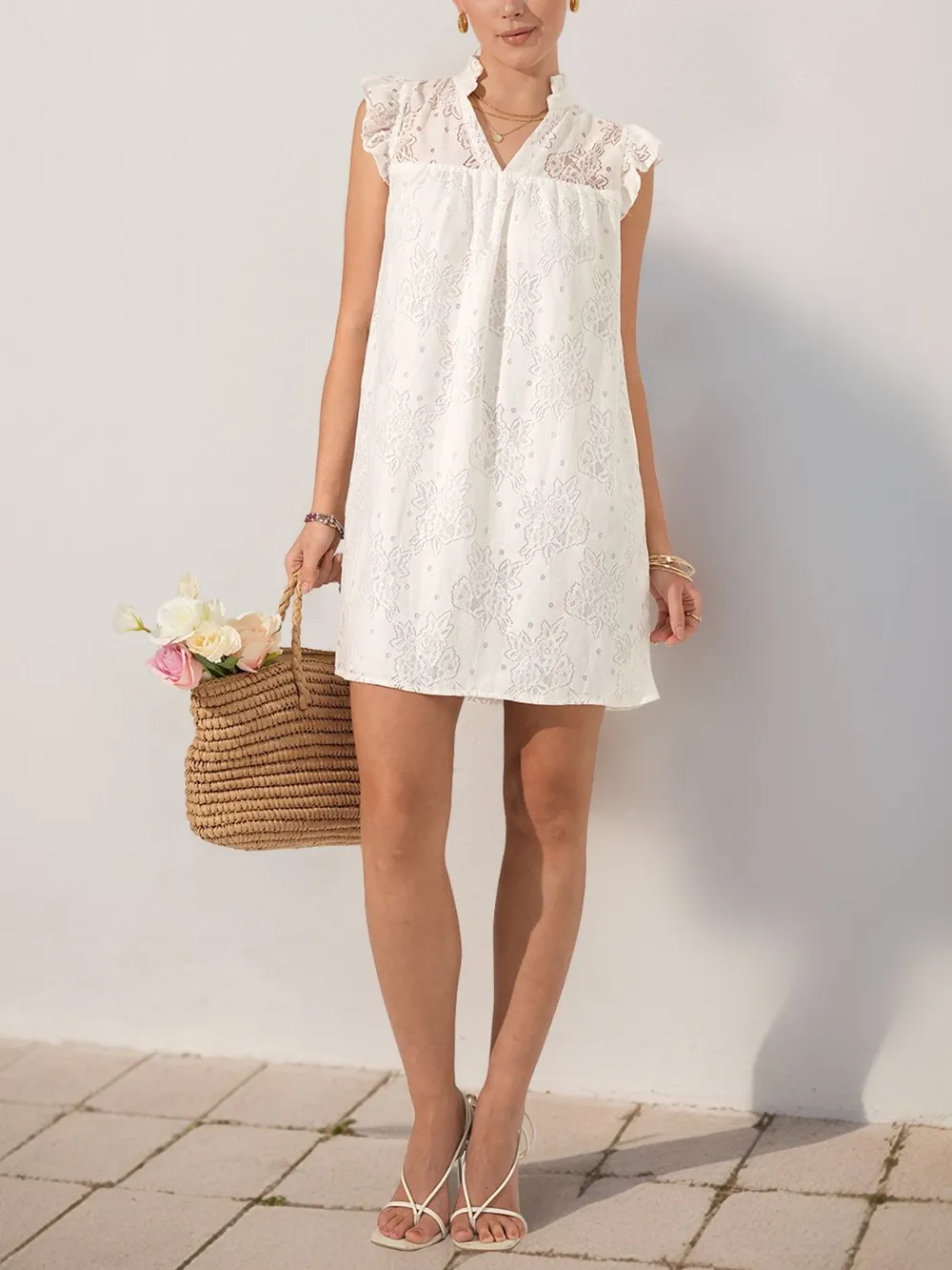 Lace Notched Cap Sleeve Mini Dress, image 4