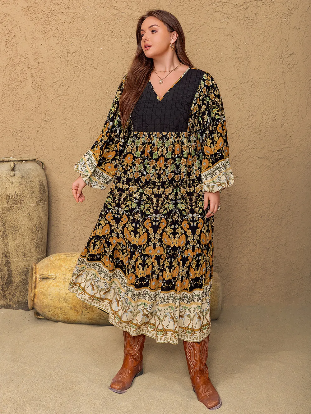 Plus Size Floral V-Neck Balloon Sleeve Midi Dress, image 4