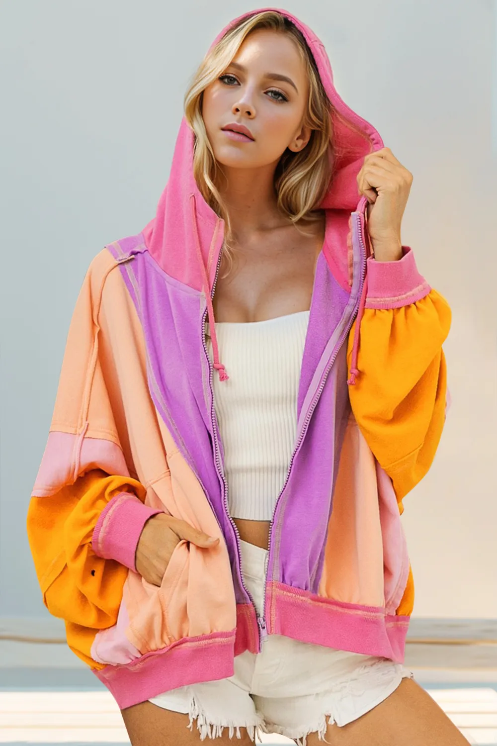 Full Size Color Block Zip Up Hoodie, image 2