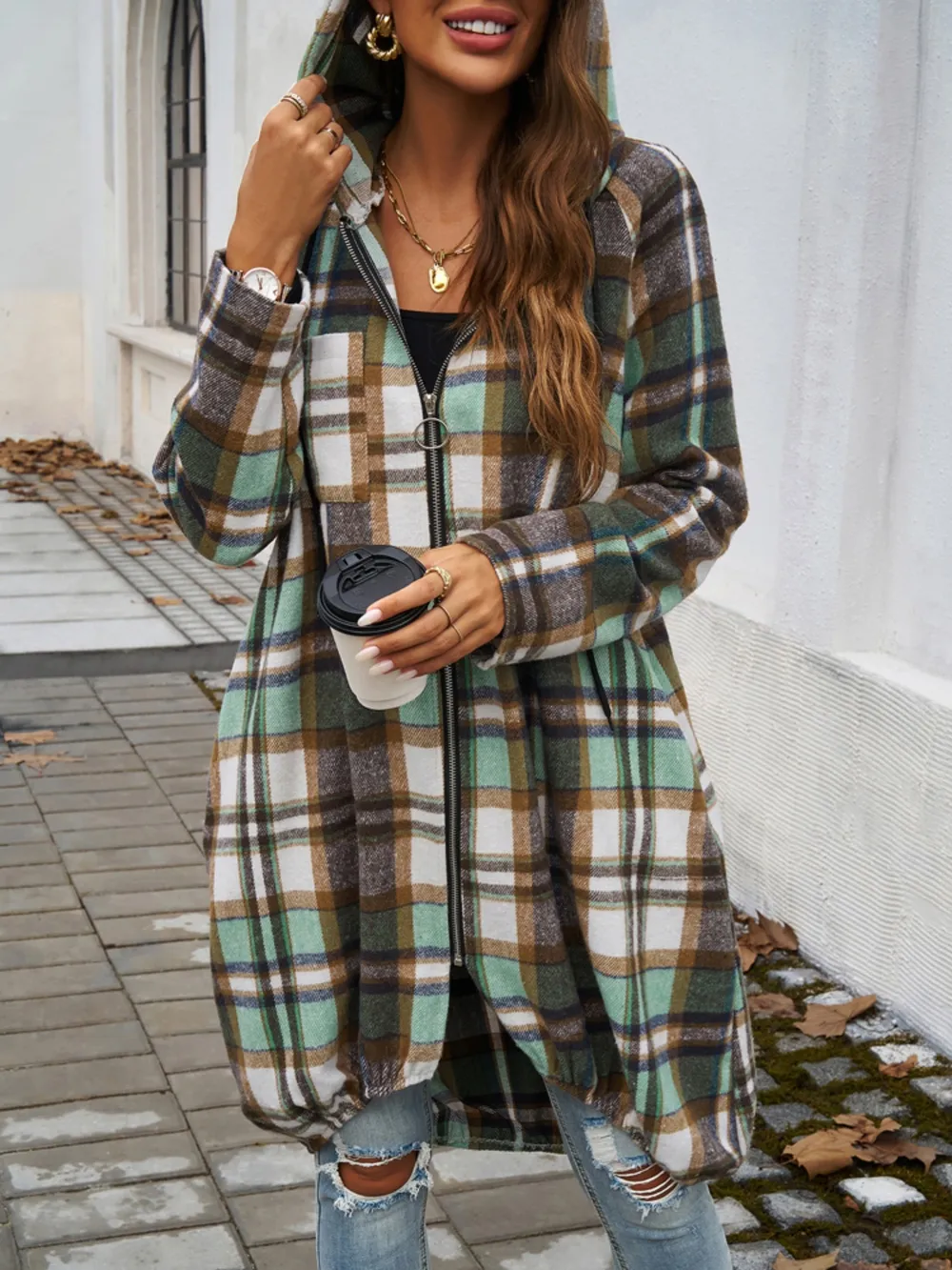 Plaid Zip Up Hooded Coat, image 12