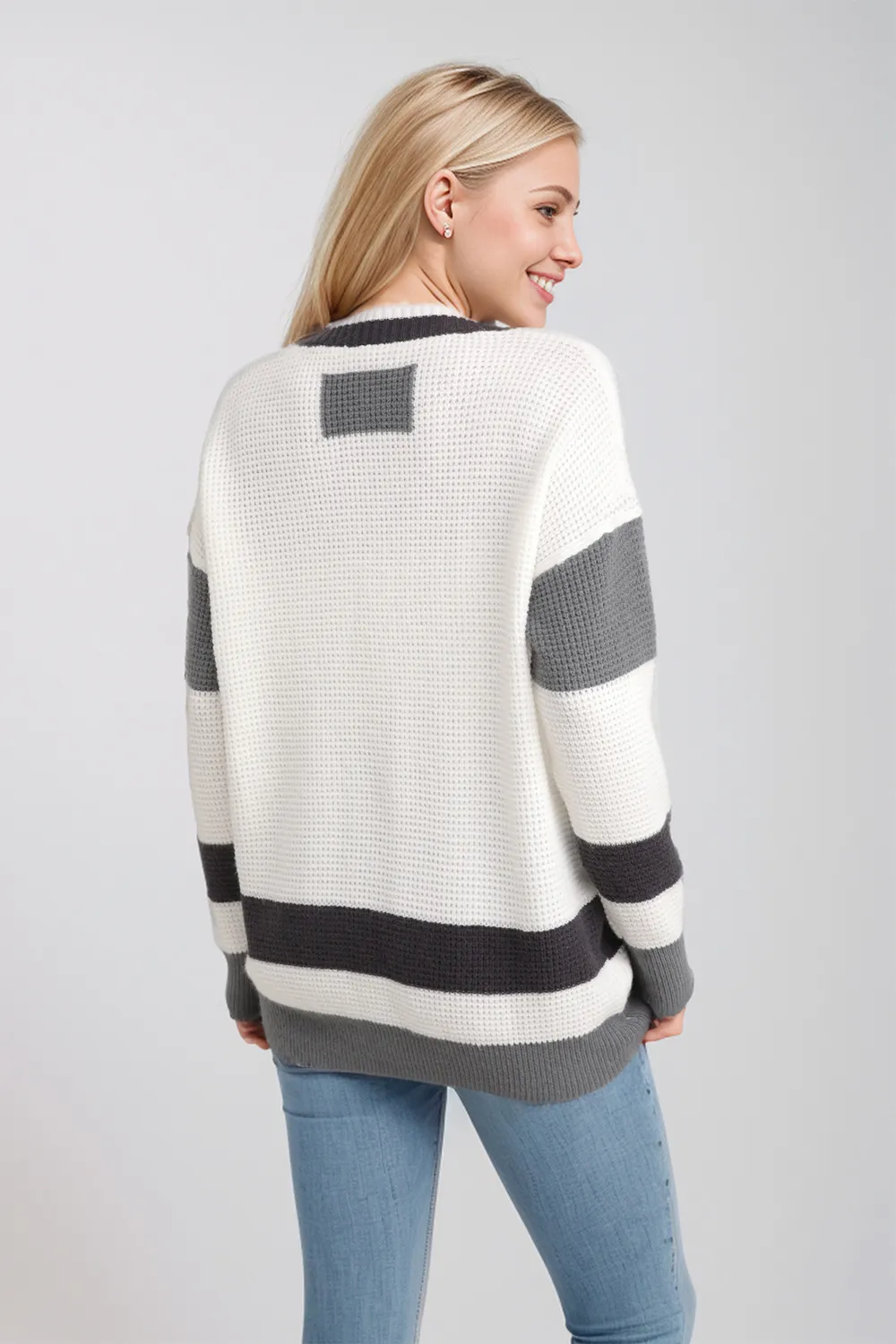 Pocketed Contrast V-Neck Long Sleeve Cardigan, image 3