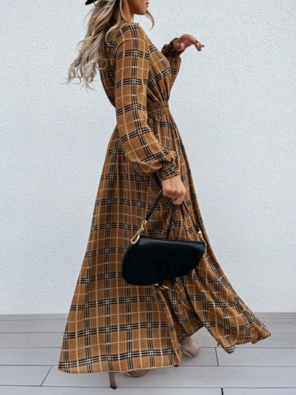 Slit Plaid Tie Neck Long Sleeve Maxi Dress, image 2