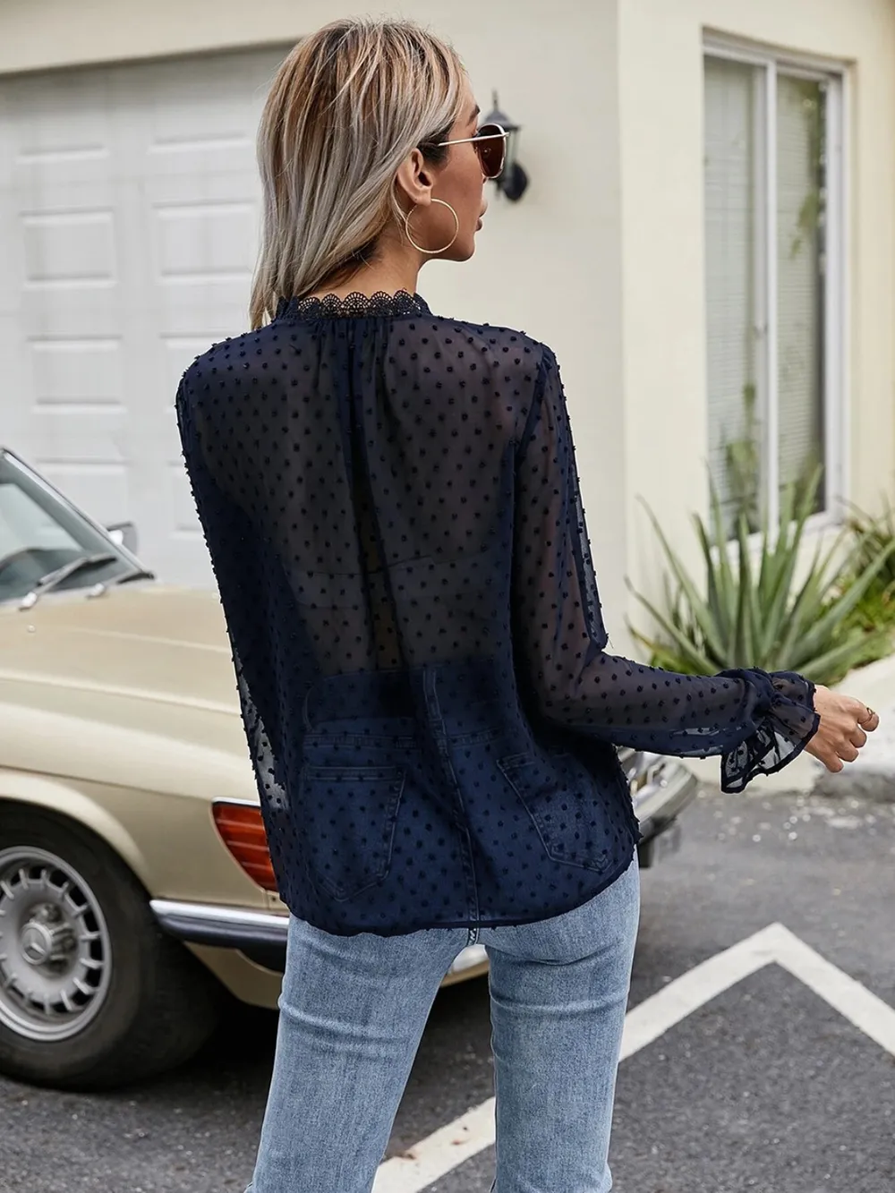 Lace Detail V-Neck Swiss Dot Blouse, image 8