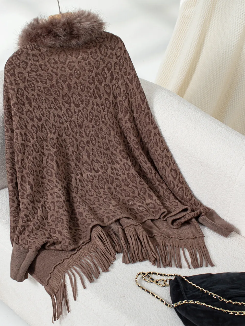 Fringe Leopard Open Front Long Sleeve Poncho, image 15