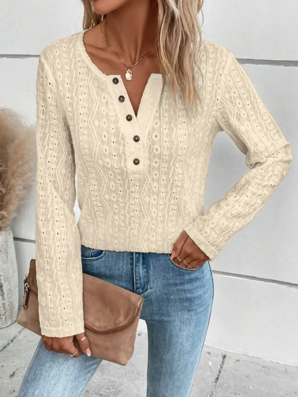 Openwork Half Button Long Sleeve Blouse, image 11