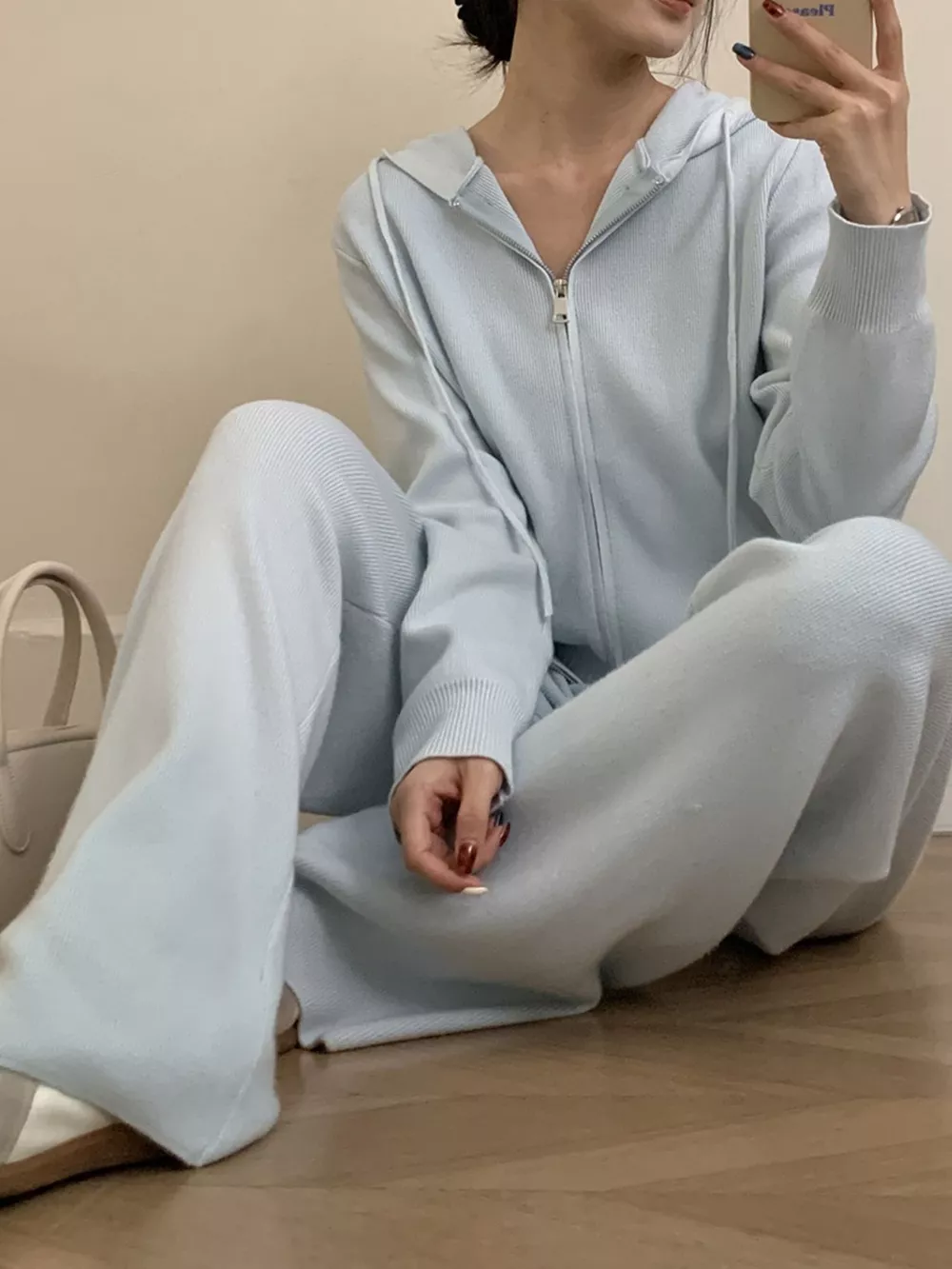 Zip Up Cardigan and Drawstring Wide Leg Pants Knit Set, image 18