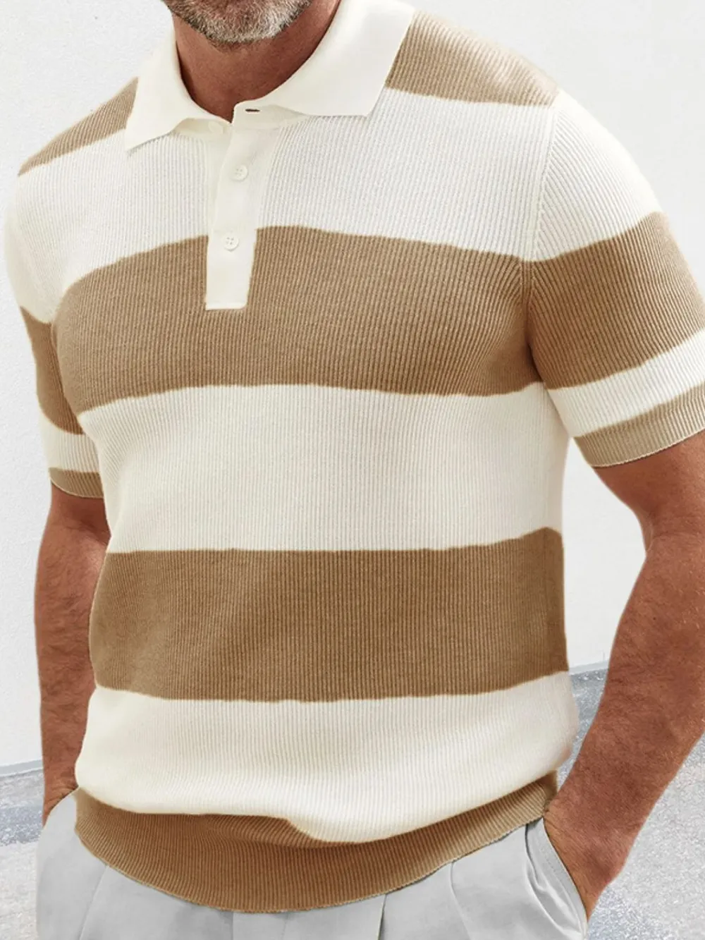 Men's Plus Size Collared Neck Striped Ribbed Knit Polo, image 2