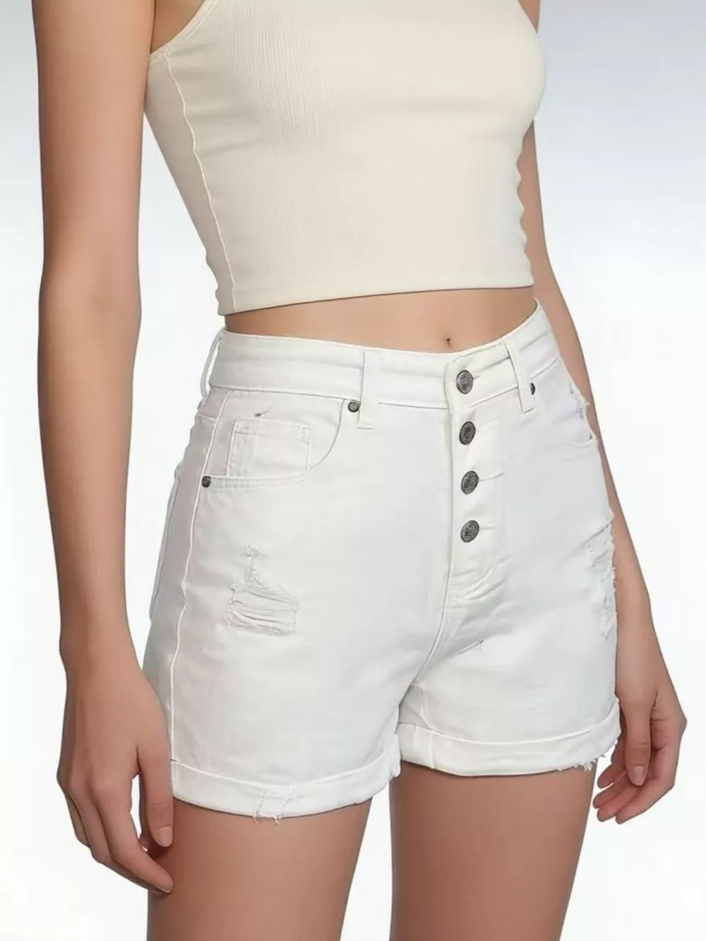 High-Waisted Button-Fly Distressed Denim Shorts, image 5