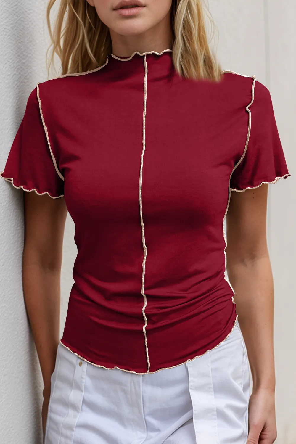 Contrast Trim Mock Neck Short Sleeve T-Shirt, image 10