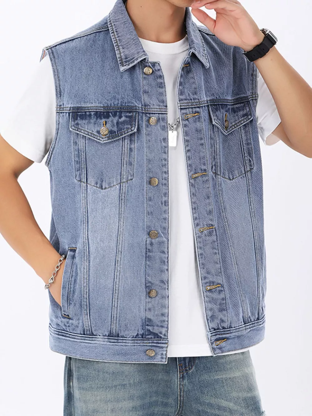Men's Plus Size Vintage Washed Sleeveless Denim Vest, image 8