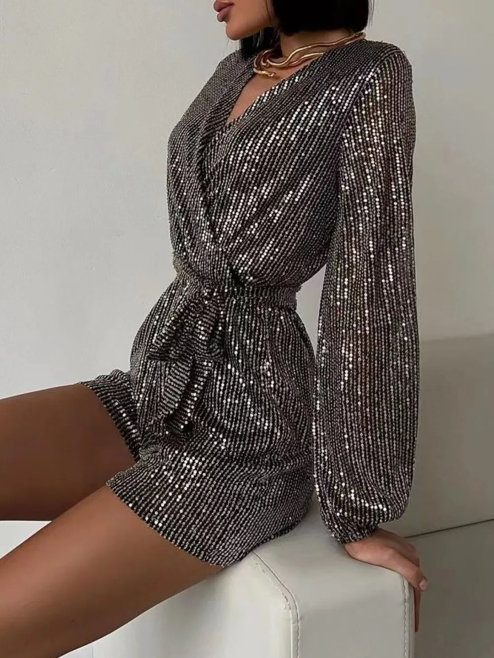Full Size Sequin Surplice Tie Waist Long Sleeve Romper, image 9