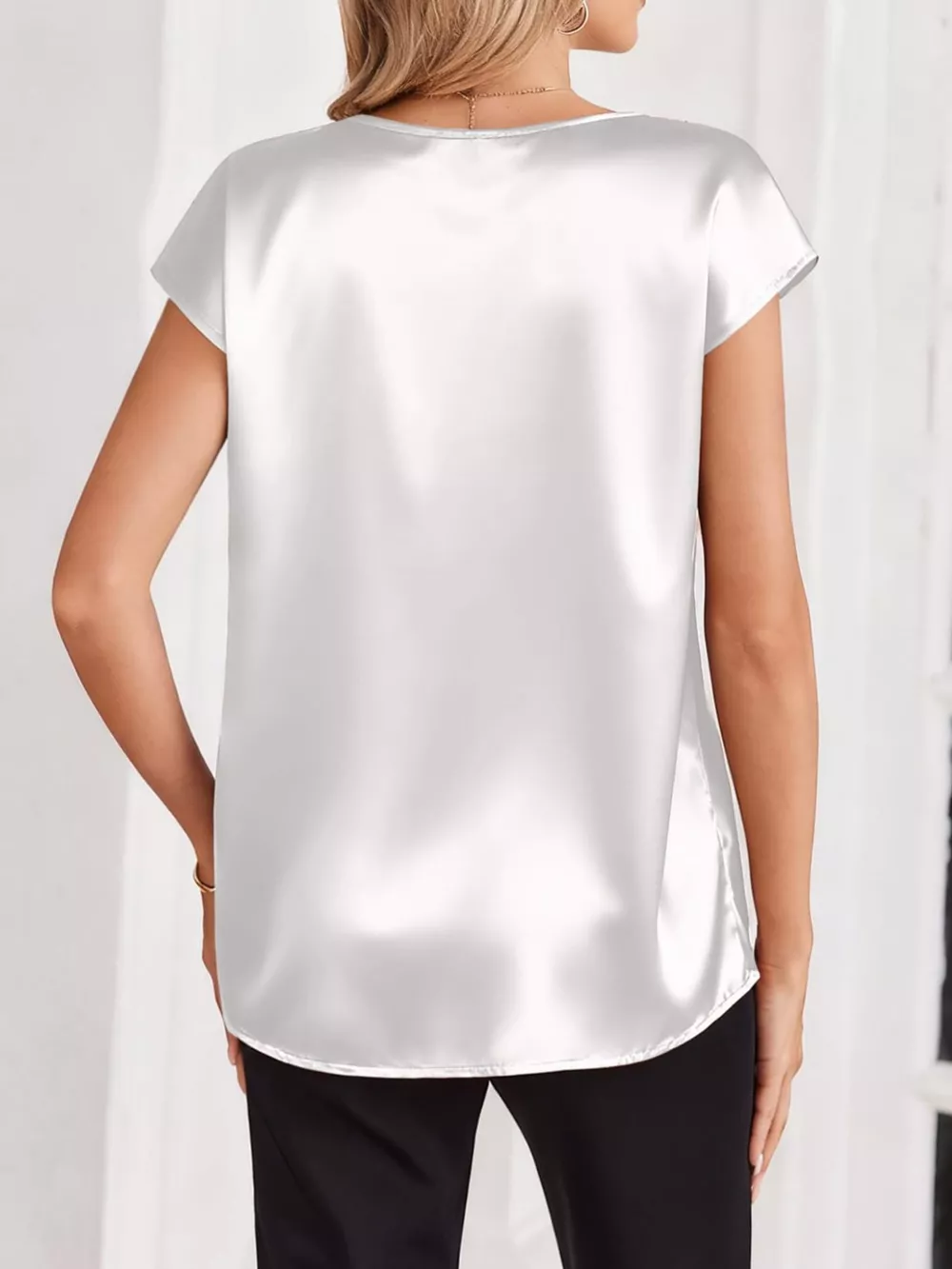 Satin V-Neck Cap Sleeve Blouse, image 24