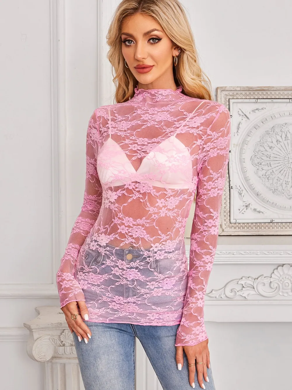 Mock Neck Long Sleeve Lace Sheer Top, image 15