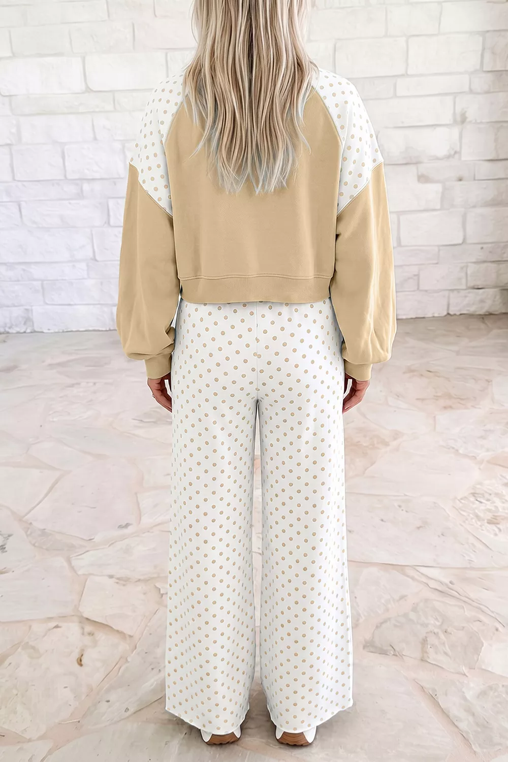 Polka Dot Patchwork Colorblock Long Sleeve Casual Two Piece Pants Set, image 2