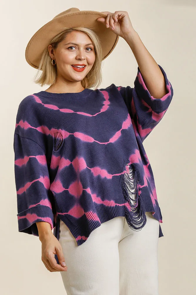 Full Size Tie Dye Side Slit Round Neck Distressed Detail Sweater Plus Size, image 4
