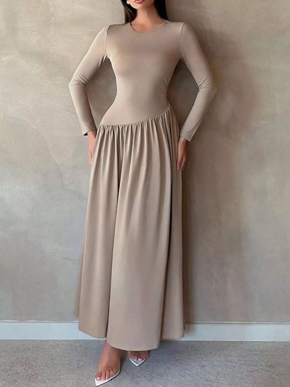 Long Sleeve Ruched A-Line Maxi Dress, image 3