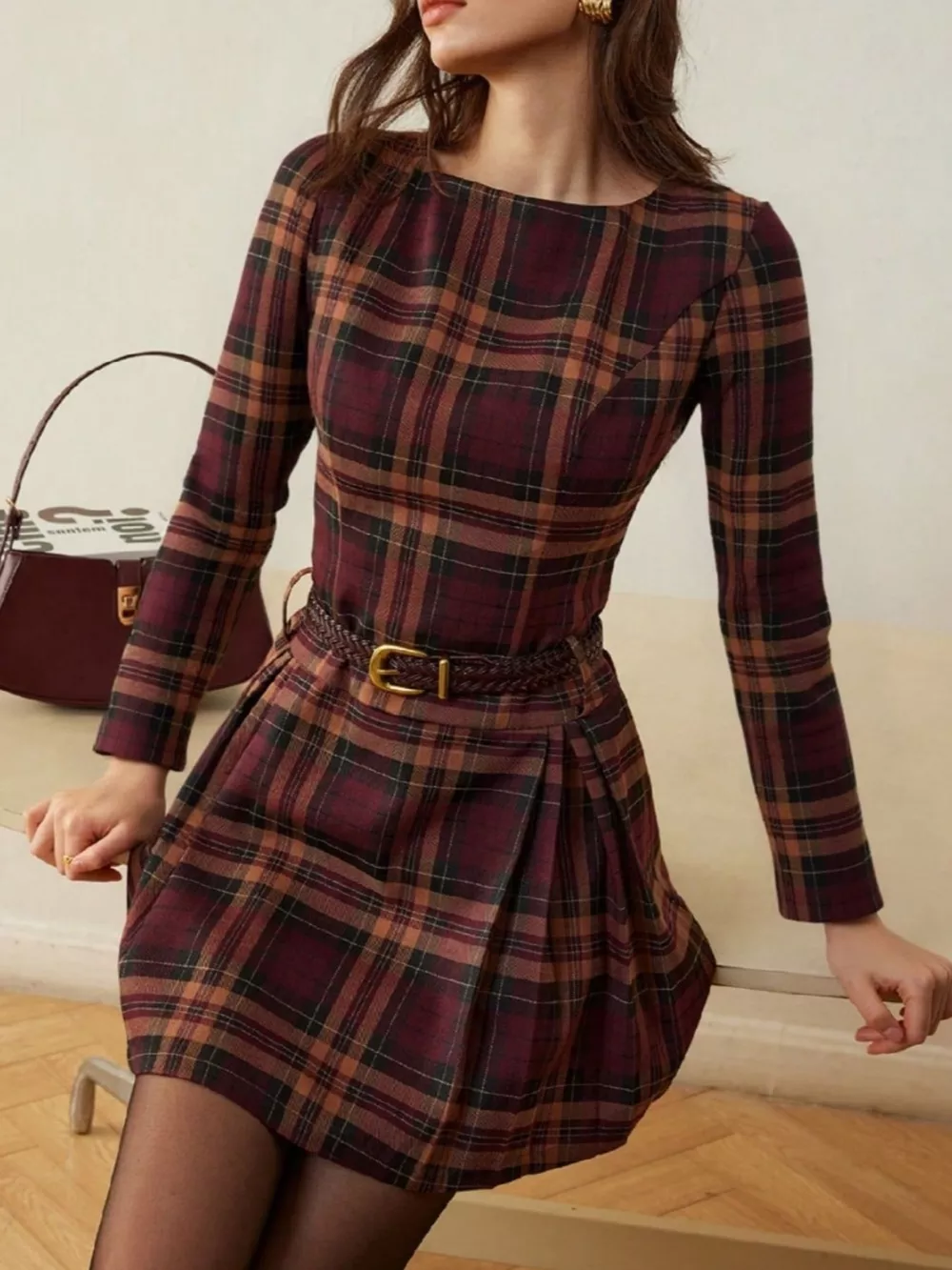 Plaid Long Sleeve Mini Dress, image 2