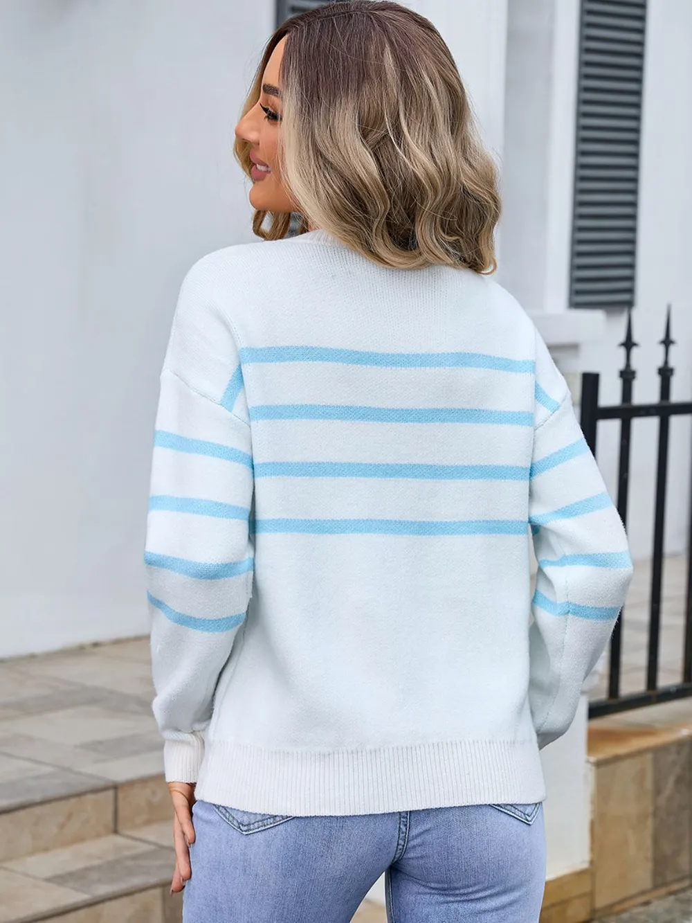Striped Round Neck Long Sleeve Sweater, image 12