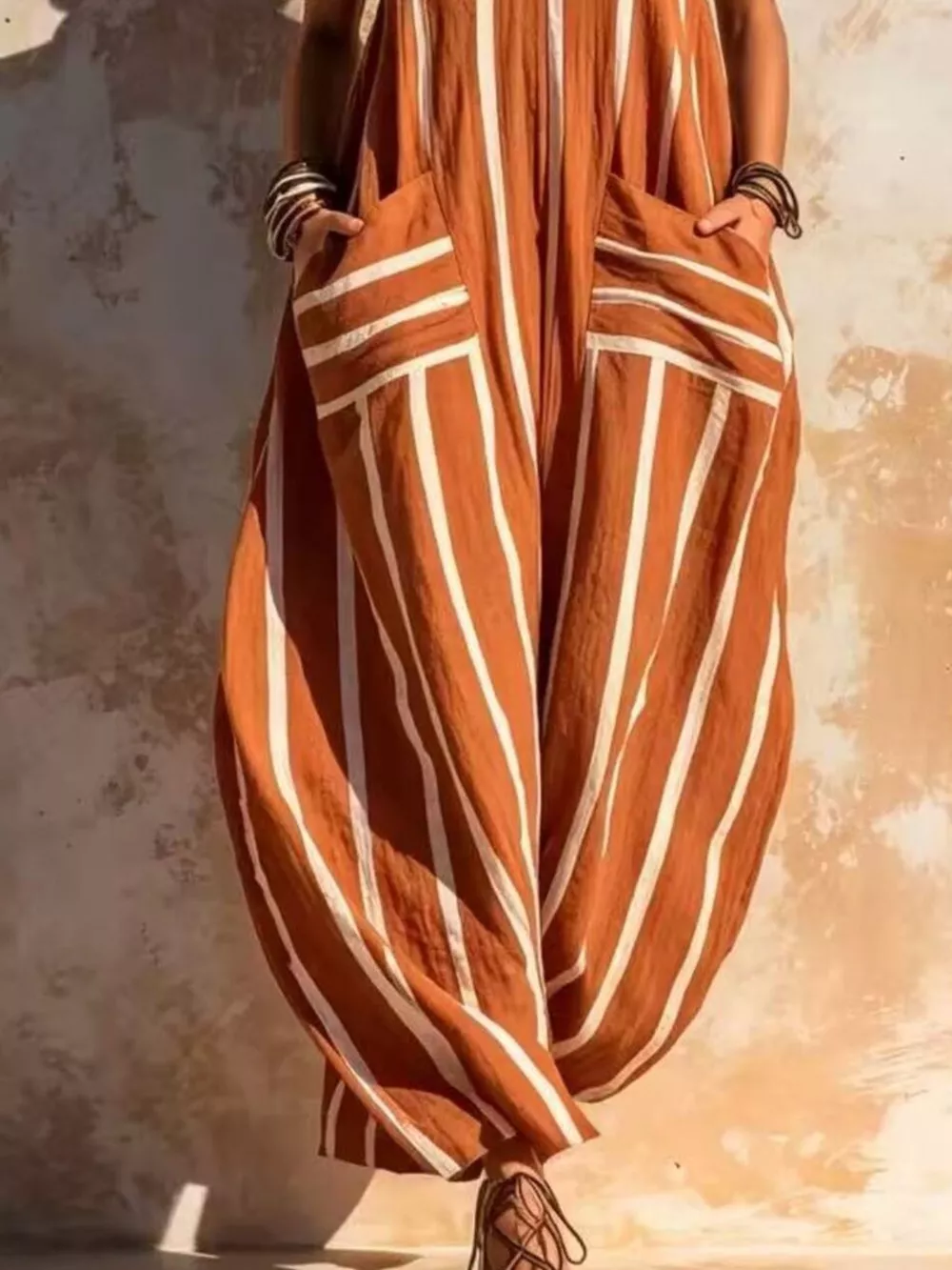 Striped V-Neck Sleeveless Wide-Leg Jumpsuit, image 4